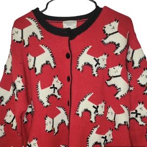 VTG Susan Bristol 1W 1X Vibrant Red & White Scottish Terriers Cardigan